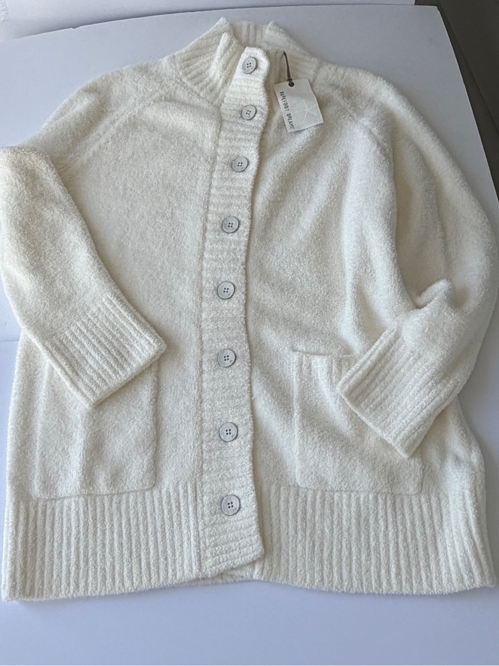 Barefoot Dreams CozyChic Luxe Funnel Neck Button Cardigan in Pearl, L NWT.